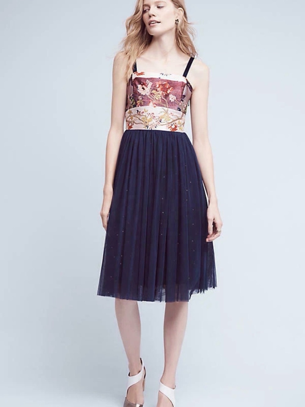 Moulinette Soeurs (Anthropologie)Tulle Midi Dress w/Floral Bodice& Velvet Straps